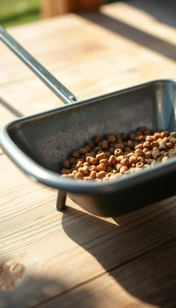 A close-up shot of a metal garden spreader, resting on a wooden surface. The spreader's hopper is filled with small, round, brown pellets, casting subtle shadows. The tool's handle is positioned at an angle, suggesting readiness for use. The scene is illuminated by natural, soft lighting, creating a warm, inviting atmosphere. The background is slightly blurred, keeping the focus on the detailed, textured surface of the spreader itself.