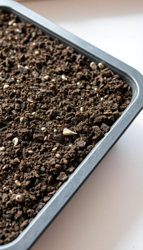 A close-up shot of a shallow tray filled with a rich, dark brown peat and vermiculite mix. The texture is coarse and grainy, with visible flecks of light-colored vermiculite dispersed throughout the blend. The mix appears light and airy, perfect for providing excellent drainage and oxygen flow for starting seeds indoors. The lighting is soft and diffused, casting gentle shadows that accentuate the textural details. The tray is positioned on a clean, neutral-toned surface, allowing the seed starting medium to be the focal point. The overall mood is inviting and serene, conveying the care and preparation needed for successful seed germination in late winter. A close-up shot of a shallow tray filled with a rich, dark brown peat and vermiculite mix. The texture is coarse and grainy, with visible flecks of light-colored vermiculite dispersed throughout the blend. The mix appears light and airy, perfect for providing excellent drainage and oxygen flow for starting seeds indoors. The lighting is soft and diffused, casting gentle shadows that accentuate the textural details. The tray is positioned on a clean, neutral-toned surface, allowing the seed starting medium to be the focal point. The overall mood is inviting and serene, conveying the care and preparation needed for successful seed germination in late winter.