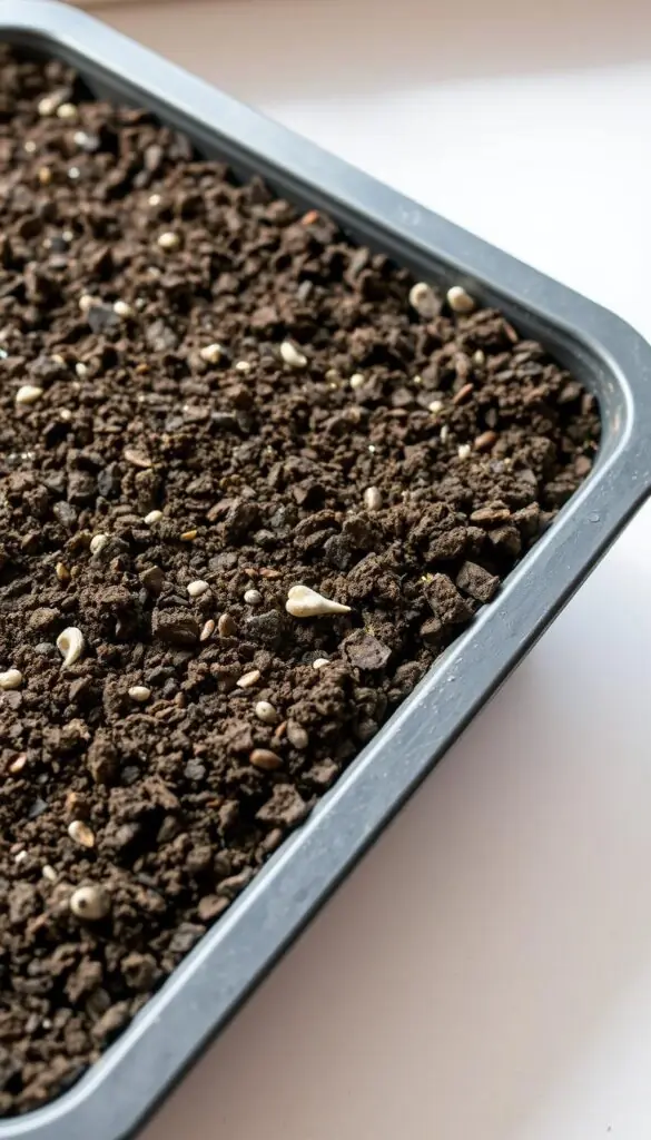 A close-up shot of a shallow tray filled with a rich, dark brown peat and vermiculite mix. The texture is coarse and grainy, with visible flecks of light-colored vermiculite dispersed throughout the blend. The mix appears light and airy, perfect for providing excellent drainage and oxygen flow for starting seeds indoors. The lighting is soft and diffused, casting gentle shadows that accentuate the textural details. The tray is positioned on a clean, neutral-toned surface, allowing the seed starting medium to be the focal point. The overall mood is inviting and serene, conveying the care and preparation needed for successful seed germination in late winter. A close-up shot of a shallow tray filled with a rich, dark brown peat and vermiculite mix. The texture is coarse and grainy, with visible flecks of light-colored vermiculite dispersed throughout the blend. The mix appears light and airy, perfect for providing excellent drainage and oxygen flow for starting seeds indoors. The lighting is soft and diffused, casting gentle shadows that accentuate the textural details. The tray is positioned on a clean, neutral-toned surface, allowing the seed starting medium to be the focal point. The overall mood is inviting and serene, conveying the care and preparation needed for successful seed germination in late winter.