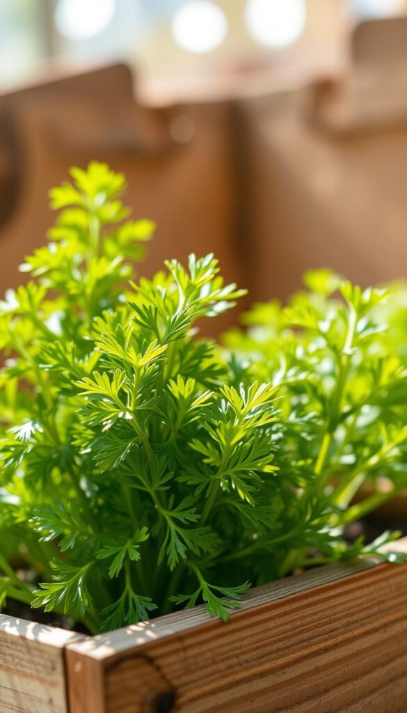 A close-up shot of a thriving, lush parsley plant, its vibrant green leaves gently swaying in soft, warm sunlight. The plant is set against a blurred, earthy background, with a rustic wooden planter box visible in the foreground, evoking a sense of a serene, homegrown kitchen garden. The lighting is natural and diffused, creating a warm, inviting atmosphere that highlights the parsley's intricate texture and delicate, feathery appearance. The camera angle is slightly tilted, giving the composition a dynamic, engaging perspective that draws the viewer's attention to the plant's beauty and vitality. A close-up shot of a thriving, lush parsley plant, its vibrant green leaves gently swaying in soft, warm sunlight. The plant is set against a blurred, earthy background, with a rustic wooden planter box visible in the foreground, evoking a sense of a serene, homegrown kitchen garden. The lighting is natural and diffused, creating a warm, inviting atmosphere that highlights the parsley's intricate texture and delicate, feathery appearance. The camera angle is slightly tilted, giving the composition a dynamic, engaging perspective that draws the viewer's attention to the plant's beauty and vitality.
