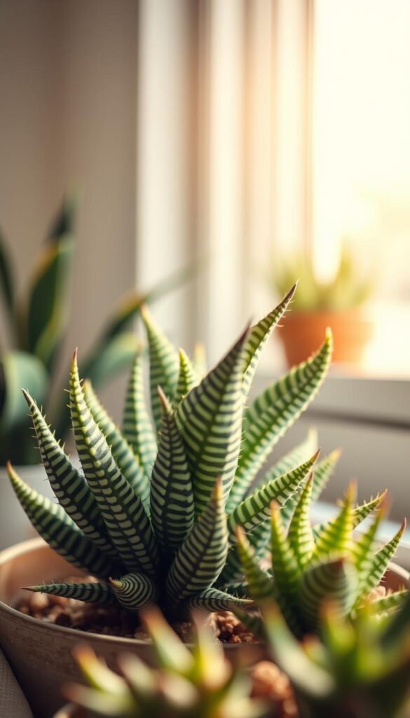 A close-up shot of a thriving zebra haworthia succulent plant, its distinctive striped foliage growing in a bright, airy indoor setting. The plant is positioned in the foreground, with soft, diffused natural light streaming in through a nearby window, creating a warm, ambient atmosphere. The middle ground features a simple, minimalist background, allowing the plant's intricate texture and vibrant colors to take center stage. The overall composition conveys a sense of tranquility and botanical elegance, perfectly capturing the essence of a low-maintenance, window-sill-friendly indoor plant.