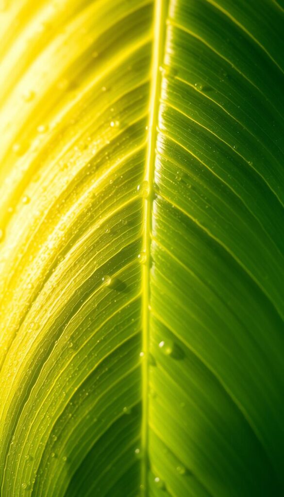 A close-up shot of a vibrant green leaf, illuminated by warm, diffused natural lighting. The leaf appears freshly washed, with small water droplets glistening on its surface. The veins of the leaf are clearly visible, creating an intricate and organic pattern. The leaf is positioned against a soft, blurred background, allowing it to be the focal point of the image. The composition emphasizes the delicate texture and lush hues of the leaf, capturing its natural beauty and highlighting its potential for a spotless, shiny appearance.