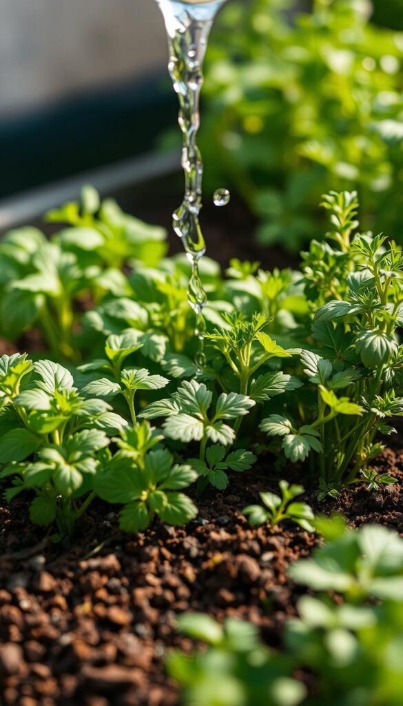 A close-up shot of a water-filled glass or container gently showering onto a bed of lush, verdant herbs growing in well-drained, nutrient-rich soil. The herbs should include common beginner-friendly varieties like basil, parsley, and thyme, arranged in a pleasing, natural-looking composition. Soft, warm lighting bathes the scene, creating a calming, almost meditative atmosphere. The camera angle should be positioned slightly above the herbs, conveying a sense of care and nurturing. The overall image should evoke a feeling of tranquility, simplicity, and the joy of tending to one's own herbs. A close-up shot of a water-filled glass or container gently showering onto a bed of lush, verdant herbs growing in well-drained, nutrient-rich soil. The herbs should include common beginner-friendly varieties like basil, parsley, and thyme, arranged in a pleasing, natural-looking composition. Soft, warm lighting bathes the scene, creating a calming, almost meditative atmosphere. The camera angle should be positioned slightly above the herbs, conveying a sense of care and nurturing. The overall image should evoke a feeling of tranquility, simplicity, and the joy of tending to one's own herbs.