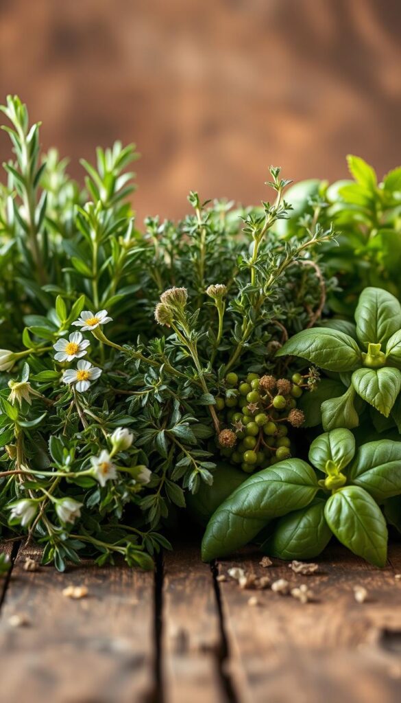 A close-up shot of an array of freshly harvested kitchen herbs, arranged on a rustic wooden table. The herbs include fragrant rosemary, thyme, oregano, and basil, their vibrant green leaves and delicate flowers illuminated by warm, natural lighting. The composition is balanced and visually appealing, with the herbs taking center stage against a blurred, earthy background. The image conveys a sense of culinary abundance and the pleasure of cooking with homegrown, flavorful ingredients. A close-up shot of an array of freshly harvested kitchen herbs, arranged on a rustic wooden table. The herbs include fragrant rosemary, thyme, oregano, and basil, their vibrant green leaves and delicate flowers illuminated by warm, natural lighting. The composition is balanced and visually appealing, with the herbs taking center stage against a blurred, earthy background. The image conveys a sense of culinary abundance and the pleasure of cooking with homegrown, flavorful ingredients.