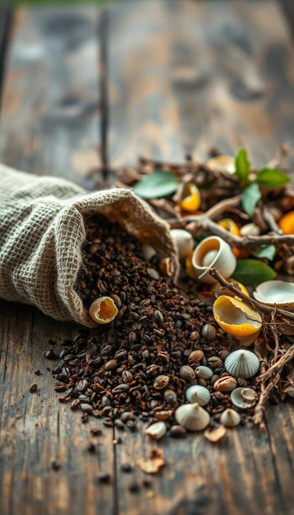 A close-up shot of an assortment of organic materials arranged on a rustic wooden surface, with soft, natural lighting illuminating the scene. In the foreground, a handful of coffee grounds spills out of a small burlap sack, mingling with discarded seashells and citrus peels. The middle ground features a scattering of dried leaves and twigs, creating a textural contrast. The background is blurred, suggesting a tranquil, earthy atmosphere, perfect for a section on "Practical tips, tools, and mistakes to avoid" in an article about homemade organic fertilizer. A close-up shot of an assortment of organic materials arranged on a rustic wooden surface, with soft, natural lighting illuminating the scene. In the foreground, a handful of coffee grounds spills out of a small burlap sack, mingling with discarded seashells and citrus peels. The middle ground features a scattering of dried leaves and twigs, creating a textural contrast. The background is blurred, suggesting a tranquil, earthy atmosphere, perfect for a section on "Practical tips, tools, and mistakes to avoid" in an article about homemade organic fertilizer.