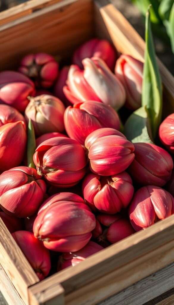 A close-up shot of an assortment of tulip bulbs in a wooden crate, the rich colors of the bulbs contrasting beautifully against the warm, textured wood. The bulbs are arranged in an aesthetically pleasing, organic composition, showcasing their unique shapes and sizes. Soft, natural lighting from the side creates gentle shadows, accentuating the bulbs' contours and adding depth to the image. The background is blurred, drawing the viewer's focus to the captivating details of the tulip bulbs. This image evokes a sense of anticipation and excitement for the gardener, inspiring ideas for planting and designing a vibrant tulip display in the upcoming season. A close-up shot of an assortment of tulip bulbs in a wooden crate, the rich colors of the bulbs contrasting beautifully against the warm, textured wood. The bulbs are arranged in an aesthetically pleasing, organic composition, showcasing their unique shapes and sizes. Soft, natural lighting from the side creates gentle shadows, accentuating the bulbs' contours and adding depth to the image. The background is blurred, drawing the viewer's focus to the captivating details of the tulip bulbs. This image evokes a sense of anticipation and excitement for the gardener, inspiring ideas for planting and designing a vibrant tulip display in the upcoming season.