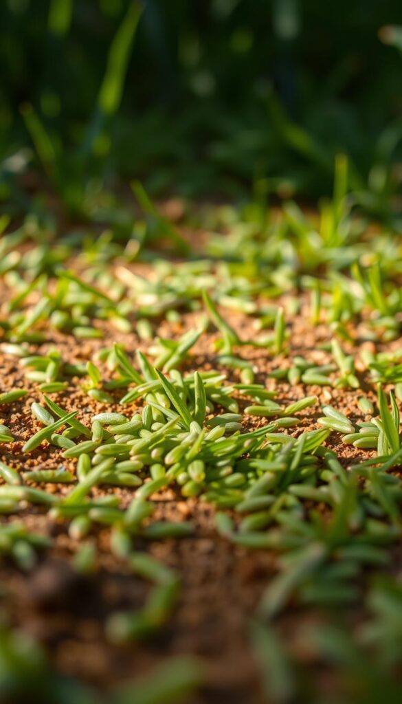 A close-up shot of fresh green grass seed scattered across a warm, earthy surface. The individual grains are clearly defined, some illuminated by soft, natural light that casts delicate shadows. The overall composition creates a sense of growth, potential, and the start of a thriving lawn. The depth of field is shallow, allowing the seeds to be the focal point, with a blurred background suggesting a lush, verdant setting. The image conveys the essence of overseeding - the foundation for a healthy, vibrant lawn.