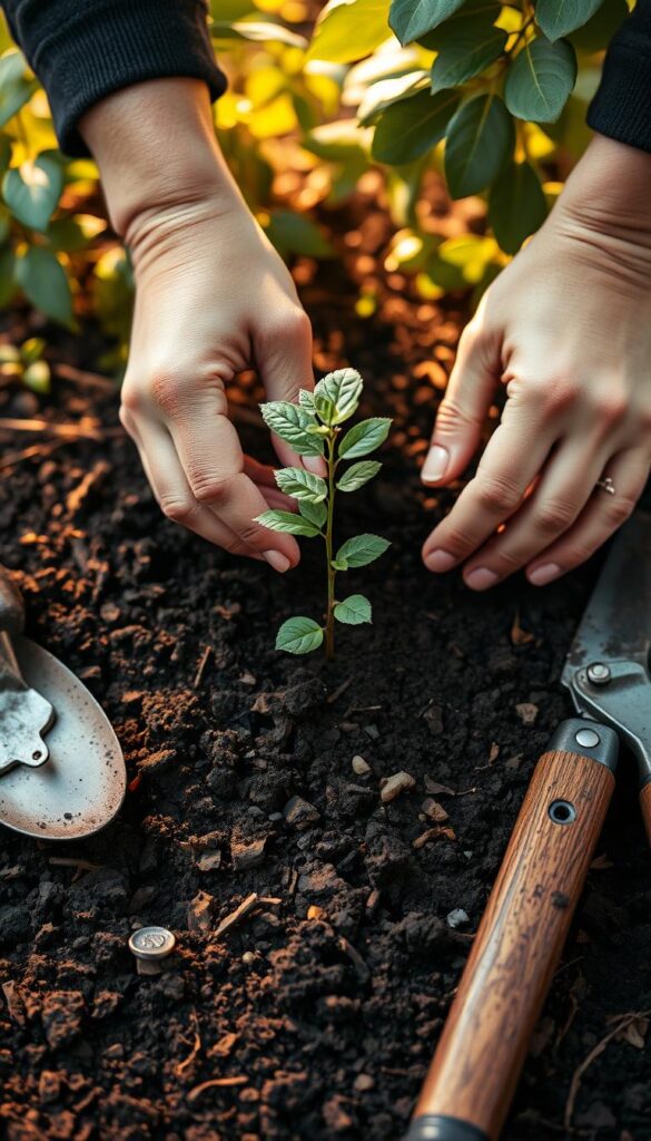 A close-up shot of hands gently placing a young seedling into freshly tilled soil, surrounded by gardening tools like a trowel, pruners, and gloves. The soil is dark and rich, with a scattering of organic matter. Warm, diffused sunlight filters through leafy plants in the background, casting a soft, natural glow. The composition emphasizes the care and attention involved in the simple act of planting, conveying a sense of tranquility and connection with the natural world. A close-up shot of hands gently placing a young seedling into freshly tilled soil, surrounded by gardening tools like a trowel, pruners, and gloves. The soil is dark and rich, with a scattering of organic matter. Warm, diffused sunlight filters through leafy plants in the background, casting a soft, natural glow. The composition emphasizes the care and attention involved in the simple act of planting, conveying a sense of tranquility and connection with the natural world.