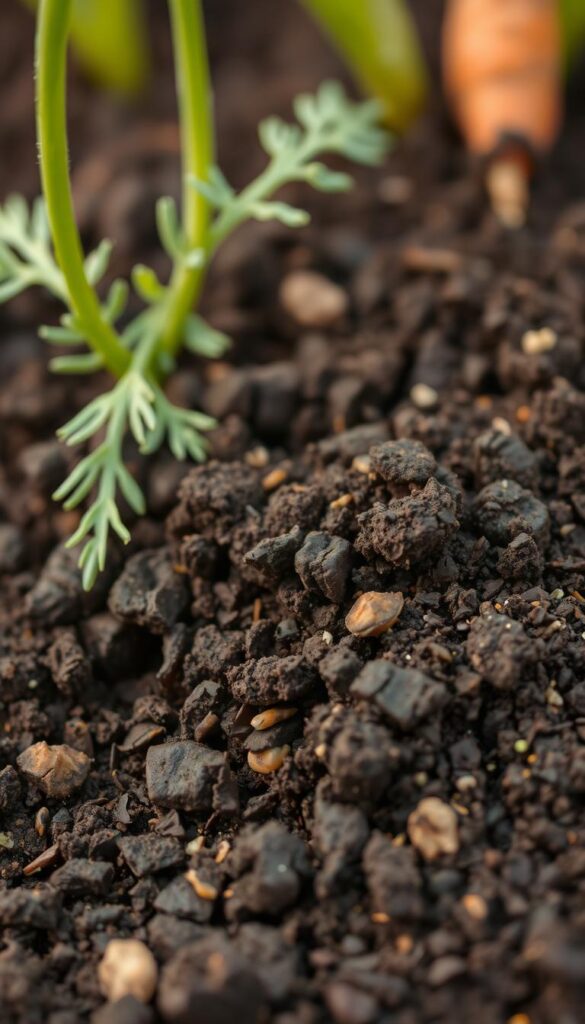 A close-up shot of nutrient-rich potting mix soil, with a soft, warm lighting illuminating its organic texture. The soil is dark and loamy, with visible flecks of compost and vermiculite, creating a crumbly, well-aerated structure. The medium is slightly damp, hinting at its moisture-retaining properties. The frame captures the soil in the foreground, with a slight blur in the background, emphasizing the soil's importance as the foundation for healthy plant growth. The overall mood is inviting and earthy, reflecting the nurturing environment for root vegetables like carrots. A close-up shot of nutrient-rich potting mix soil, with a soft, warm lighting illuminating its organic texture. The soil is dark and loamy, with visible flecks of compost and vermiculite, creating a crumbly, well-aerated structure. The medium is slightly damp, hinting at its moisture-retaining properties. The frame captures the soil in the foreground, with a slight blur in the background, emphasizing the soil's importance as the foundation for healthy plant growth. The overall mood is inviting and earthy, reflecting the nurturing environment for root vegetables like carrots.