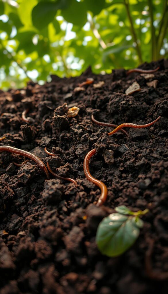 A close-up shot of rich, dark brown soil teeming with life. Crumbling texture with visible organic matter, earthworms, and microorganisms. Soft, moist, and loamy, with a earthy aroma. Sunlight filters through a canopy of green leaves, casting gentle shadows. The scene exudes vitality, fertility, and the promise of abundant growth. Captured with a macro lens, high depth of field, and warm, natural lighting to highlight the intricate details of this living, thriving compost. A close-up shot of rich, dark brown soil teeming with life. Crumbling texture with visible organic matter, earthworms, and microorganisms. Soft, moist, and loamy, with a earthy aroma. Sunlight filters through a canopy of green leaves, casting gentle shadows. The scene exudes vitality, fertility, and the promise of abundant growth. Captured with a macro lens, high depth of field, and warm, natural lighting to highlight the intricate details of this living, thriving compost.