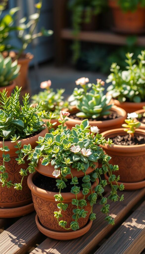 A close-up shot of several self-watering planters on a wooden garden bench. The planters are made of durable terracotta with intricate patterns and feature built-in reservoirs that maintain soil moisture. Lush, verdant succulents and small flowering plants spill gracefully over the edges, creating a visually appealing and low-maintenance display. Warm, natural lighting illuminates the scene, casting gentle shadows that highlight the textures of the pottery and plants. The composition emphasizes the convenience and benefits of self-watering systems, showcasing how they can help prevent root rot and simplify plant care, especially for those with busy lifestyles or limited gardening experience. A close-up shot of several self-watering planters on a wooden garden bench. The planters are made of durable terracotta with intricate patterns and feature built-in reservoirs that maintain soil moisture. Lush, verdant succulents and small flowering plants spill gracefully over the edges, creating a visually appealing and low-maintenance display. Warm, natural lighting illuminates the scene, casting gentle shadows that highlight the textures of the pottery and plants. The composition emphasizes the convenience and benefits of self-watering systems, showcasing how they can help prevent root rot and simplify plant care, especially for those with busy lifestyles or limited gardening experience.