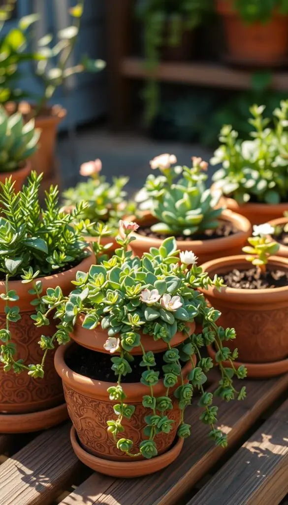 A close-up shot of several self-watering planters on a wooden garden bench. The planters are made of durable terracotta with intricate patterns and feature built-in reservoirs that maintain soil moisture. Lush, verdant succulents and small flowering plants spill gracefully over the edges, creating a visually appealing and low-maintenance display. Warm, natural lighting illuminates the scene, casting gentle shadows that highlight the textures of the pottery and plants. The composition emphasizes the convenience and benefits of self-watering systems, showcasing how they can help prevent root rot and simplify plant care, especially for those with busy lifestyles or limited gardening experience.