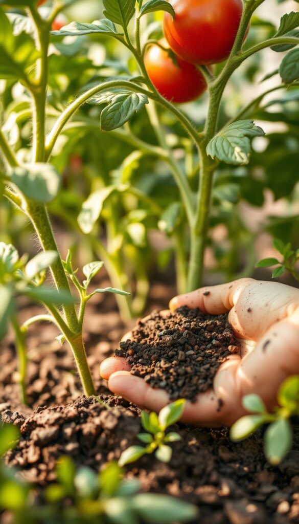 A close-up shot of tomato plants being fertilized with a natural, organic compost blend. The plants are lush and verdant, with vibrant green leaves and healthy stems. In the foreground, a handful of dark, nutrient-rich compost is being gently worked into the soil around the base of the plants, nourishing the roots. Soft, diffused natural lighting illuminates the scene, creating a warm, earthy atmosphere. The composition emphasizes the simple, sustainable act of fertilizing, highlighting the ease and rewards of providing plants with the right nutrients to thrive and produce abundant, flavorful tomatoes.
