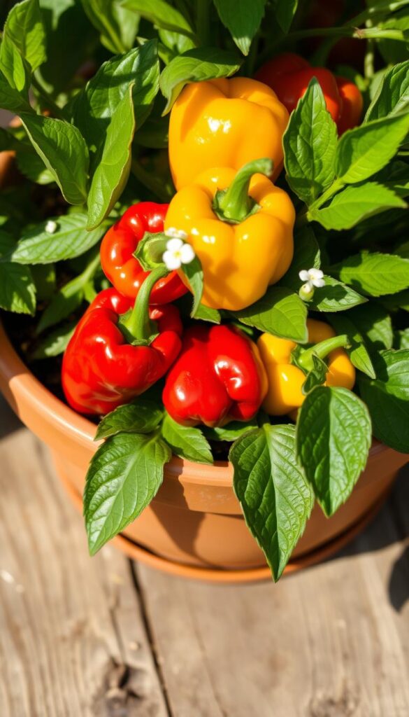 A close-up shot of vibrant, fertilizer-enriched peppers thriving in a terracotta pot. The peppers have a healthy, glossy sheen, their colors ranging from deep crimson to bright yellow. The peppers are surrounded by lush, verdant foliage, with delicate white flowers peeking out. The pot is placed on a weathered, wooden surface, bathed in warm, directional lighting that casts soft shadows, emphasizing the textural details of the peppers and leaves. The overall composition conveys a sense of abundance and nourishment, perfectly capturing the essence of "Feeding and fertilizing for flowers and fruits".