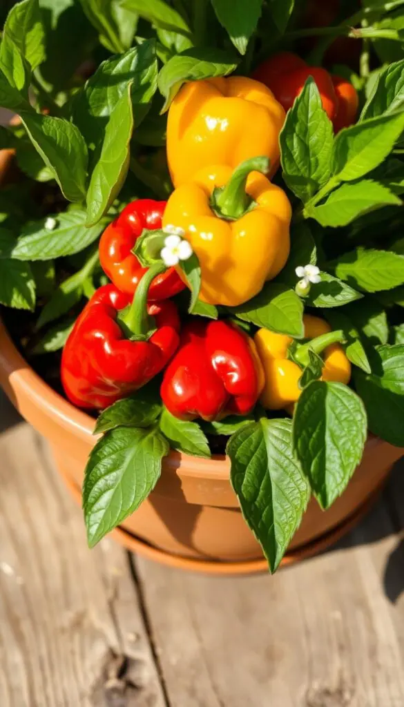 A close-up shot of vibrant, fertilizer-enriched peppers thriving in a terracotta pot. The peppers have a healthy, glossy sheen, their colors ranging from deep crimson to bright yellow. The peppers are surrounded by lush, verdant foliage, with delicate white flowers peeking out. The pot is placed on a weathered, wooden surface, bathed in warm, directional lighting that casts soft shadows, emphasizing the textural details of the peppers and leaves. The overall composition conveys a sense of abundance and nourishment, perfectly capturing the essence of "Feeding and fertilizing for flowers and fruits". A close-up shot of vibrant, fertilizer-enriched peppers thriving in a terracotta pot. The peppers have a healthy, glossy sheen, their colors ranging from deep crimson to bright yellow. The peppers are surrounded by lush, verdant foliage, with delicate white flowers peeking out. The pot is placed on a weathered, wooden surface, bathed in warm, directional lighting that casts soft shadows, emphasizing the textural details of the peppers and leaves. The overall composition conveys a sense of abundance and nourishment, perfectly capturing the essence of "Feeding and fertilizing for flowers and fruits".