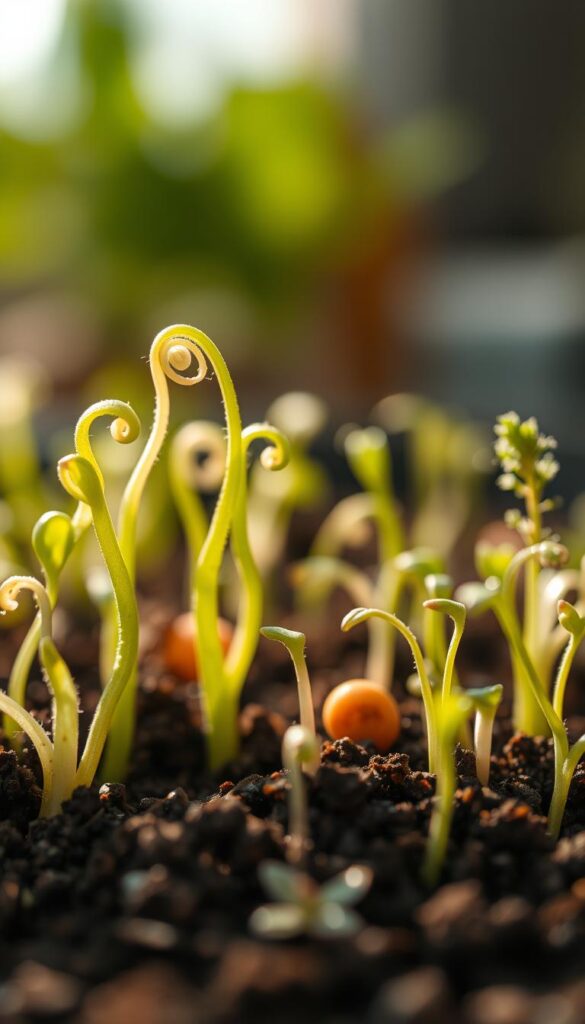 A close-up shot of vibrant green sprouting seeds nestled in rich, dark soil. The foreground features the delicate, unfurling tendrils of young seedlings, their tender leaves reaching upwards towards the warm, diffused light. The middle ground showcases a variety of seed types - plump, speckled beans, slender carrot tops, and fuzzy herb sprouts - all bursting with life. In the background, a blurred, bokeh-filled backdrop suggests a cozy, indoor gardening environment, hinting at the promise of spring's renewal. The lighting is soft and natural, casting gentle shadows that accentuate the organic textures and structures of the growing plants. An aura of hope and anticipation permeates the scene, inviting the viewer to imagine the bountiful garden to come. A close-up shot of vibrant green sprouting seeds nestled in rich, dark soil. The foreground features the delicate, unfurling tendrils of young seedlings, their tender leaves reaching upwards towards the warm, diffused light. The middle ground showcases a variety of seed types - plump, speckled beans, slender carrot tops, and fuzzy herb sprouts - all bursting with life. In the background, a blurred, bokeh-filled backdrop suggests a cozy, indoor gardening environment, hinting at the promise of spring's renewal. The lighting is soft and natural, casting gentle shadows that accentuate the organic textures and structures of the growing plants. An aura of hope and anticipation permeates the scene, inviting the viewer to imagine the bountiful garden to come.