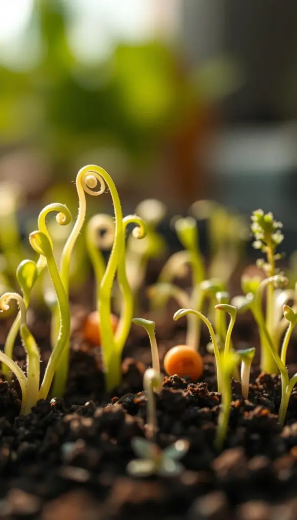 A close-up shot of vibrant green sprouting seeds nestled in rich, dark soil. The foreground features the delicate, unfurling tendrils of young seedlings, their tender leaves reaching upwards towards the warm, diffused light. The middle ground showcases a variety of seed types - plump, speckled beans, slender carrot tops, and fuzzy herb sprouts - all bursting with life. In the background, a blurred, bokeh-filled backdrop suggests a cozy, indoor gardening environment, hinting at the promise of spring's renewal. The lighting is soft and natural, casting gentle shadows that accentuate the organic textures and structures of the growing plants. An aura of hope and anticipation permeates the scene, inviting the viewer to imagine the bountiful garden to come. A close-up shot of vibrant green sprouting seeds nestled in rich, dark soil. The foreground features the delicate, unfurling tendrils of young seedlings, their tender leaves reaching upwards towards the warm, diffused light. The middle ground showcases a variety of seed types - plump, speckled beans, slender carrot tops, and fuzzy herb sprouts - all bursting with life. In the background, a blurred, bokeh-filled backdrop suggests a cozy, indoor gardening environment, hinting at the promise of spring's renewal. The lighting is soft and natural, casting gentle shadows that accentuate the organic textures and structures of the growing plants. An aura of hope and anticipation permeates the scene, inviting the viewer to imagine the bountiful garden to come.