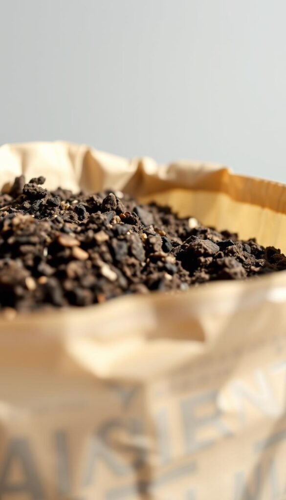 A close-up view of a bag of high-quality potting mix, its surface slightly textured and mottled in earthy tones of brown, gray, and black. The mix is displayed against a clean, out-of-focus background, allowing the texture and composition of the soil to take center stage. Soft, natural lighting illuminates the bag, creating gentle shadows and highlights that accentuate the mix's organic qualities. The angle is slightly elevated, giving the viewer a sense of examining the potting mix up close, as if preparing to fill a planter or pot for a houseplant. The overall mood is one of calm, natural simplicity, suitable for an article about setting up plants for successful watering while on vacation.
