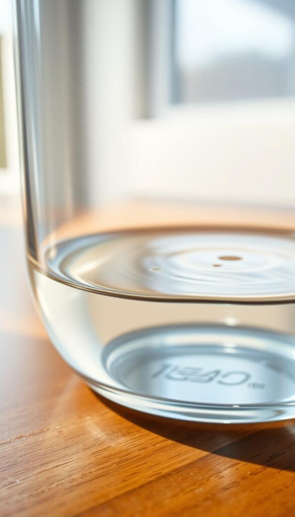 A close-up view of a clear glass container filled with water, showcasing the water level inside. The container has a slim, cylindrical shape with marked gradations along the side to indicate the water level. The water is crystal clear, allowing the gradations to be visible. Soft, diffused natural lighting from a window illuminates the scene, casting gentle shadows and highlighting the subtle ripples on the water's surface. The container is placed on a wooden surface, adding a warm, rustic element to the composition. The overall mood is one of tranquility and clarity, perfectly suited to illustrate the "Water Level Indicators, Overflow Holes, and When to Refill" section of the article.