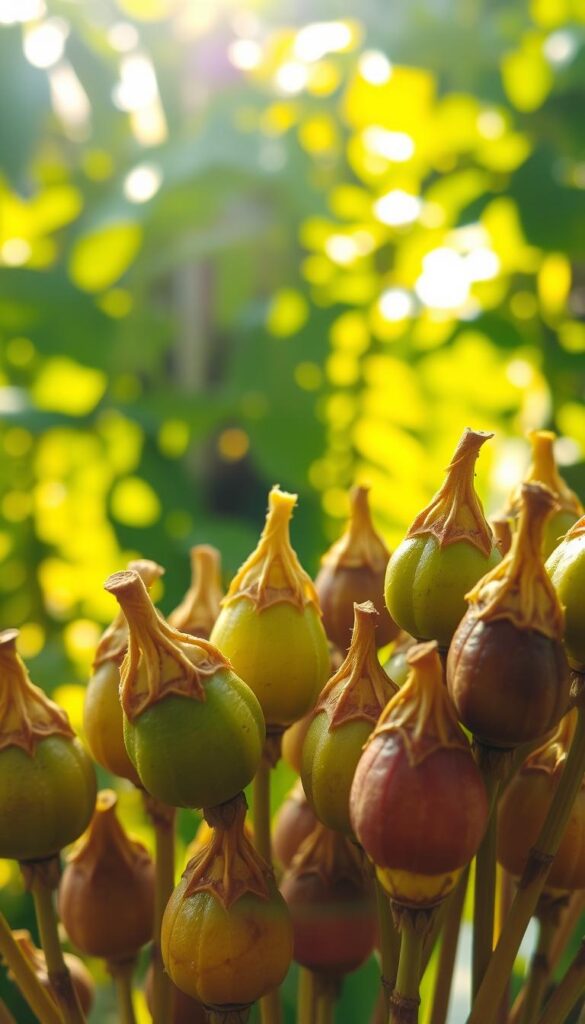 A close-up view of a collection of mature, seed-bearing pods in various stages of development, illuminated by warm, golden sunlight that filters through a lush, verdant background. The pods, ranging in size and color from bright green to deep brown, are showcased against a soft, out-of-focus foliage backdrop, creating a sense of depth and emphasis on the central subjects. The composition is framed to highlight the textural details and organic shapes of the pods, conveying a sense of natural abundance and the readiness of the seeds for harvest. A shallow depth of field and gentle bokeh effect lend an artistic, almost photographic quality to the image. A close-up view of a collection of mature, seed-bearing pods in various stages of development, illuminated by warm, golden sunlight that filters through a lush, verdant background. The pods, ranging in size and color from bright green to deep brown, are showcased against a soft, out-of-focus foliage backdrop, creating a sense of depth and emphasis on the central subjects. The composition is framed to highlight the textural details and organic shapes of the pods, conveying a sense of natural abundance and the readiness of the seeds for harvest. A shallow depth of field and gentle bokeh effect lend an artistic, almost photographic quality to the image.