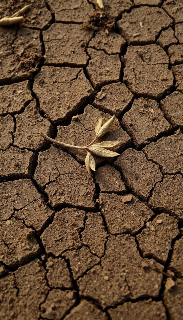 A close-up view of a dry, cracked soil surface with a few desiccated leaves or twigs scattered across it. The soil appears parched and brittle, with a muted, earthy tone. The lighting is soft and diffused, creating subtle shadows that accentuate the texture and cracks. The scene conveys a sense of neglect, with the soil desperately in need of water to restore its vitality. The overall mood is one of concern and a call to action to properly water the plants. A close-up view of a dry, cracked soil surface with a few desiccated leaves or twigs scattered across it. The soil appears parched and brittle, with a muted, earthy tone. The lighting is soft and diffused, creating subtle shadows that accentuate the texture and cracks. The scene conveys a sense of neglect, with the soil desperately in need of water to restore its vitality. The overall mood is one of concern and a call to action to properly water the plants.
