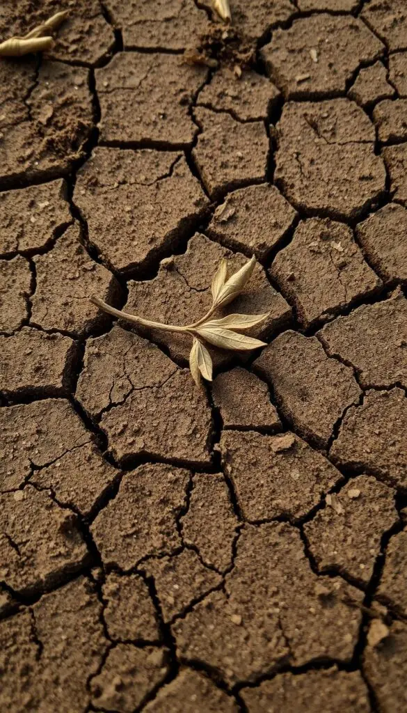 A close-up view of a dry, cracked soil surface with a few desiccated leaves or twigs scattered across it. The soil appears parched and brittle, with a muted, earthy tone. The lighting is soft and diffused, creating subtle shadows that accentuate the texture and cracks. The scene conveys a sense of neglect, with the soil desperately in need of water to restore its vitality. The overall mood is one of concern and a call to action to properly water the plants.