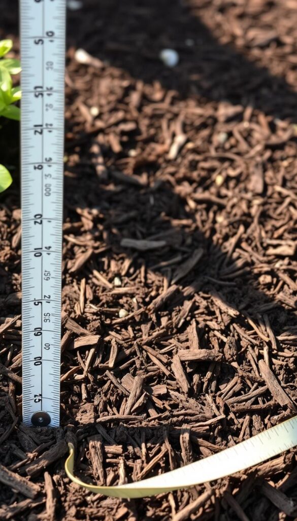 A close-up view of a flower bed with a measuring tape placed on the mulch, showing the depth coverage in inches. The mulch is a rich, dark brown hue, evenly spread across the soil. The lighting is soft and natural, casting gentle shadows that accentuate the texture of the mulch. The camera angle is slightly elevated, providing a clear and informative perspective on the depth of the mulch layer. The background is blurred, keeping the focus on the measurement and the mulch itself, conveying a sense of precision and attention to detail.