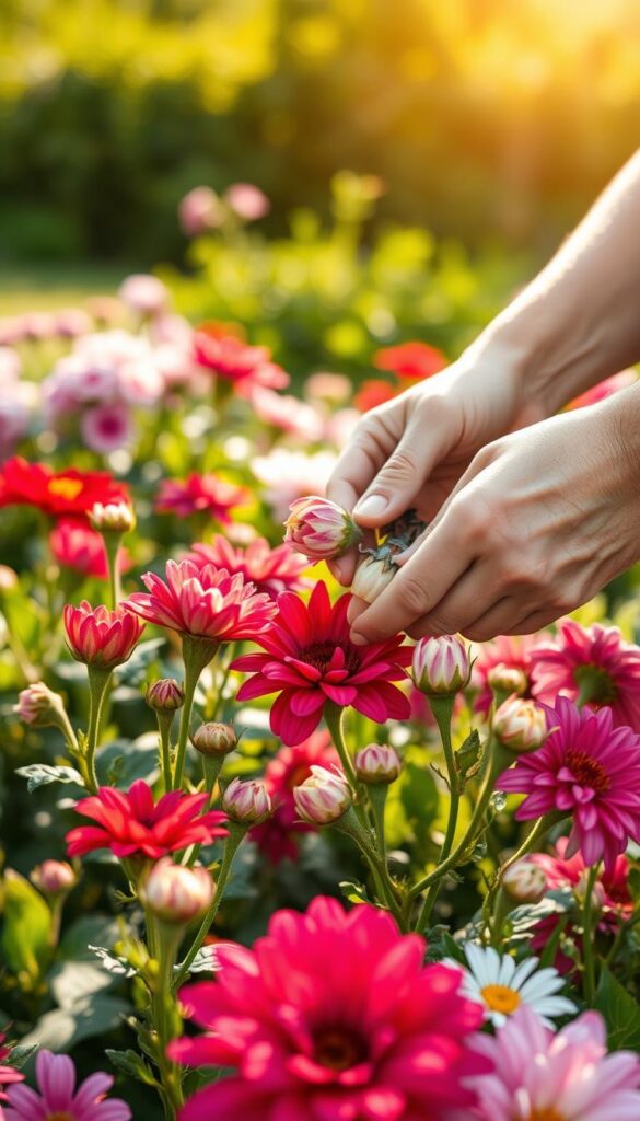 A close-up view of a gardener's hands carefully removing spent flower blossoms from a lush, sun-dappled garden bed. The foreground features vibrant, healthy blooms in various stages of growth, their colors ranging from deep reds and pinks to delicate whites and lavenders. The middle ground showcases the gardener's gentle touch as they prune away the wilted petals, revealing fresh buds ready to flourish. The background is a soft, blurred landscape of verdant foliage and the warm, golden glow of a summer afternoon. Captured with a shallow depth of field and natural lighting, this image conveys the soothing, therapeutic act of deadheading to promote continuous flowering and a thriving, bountiful garden.