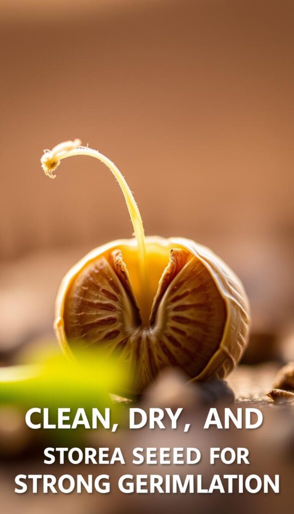 A close-up view of a germinating seed, shot with a macro lens in soft, warm lighting. In the foreground, a cracked seed shell reveals a delicate sprout emerging, its tendrils reaching upwards. The middle ground showcases the seed's internal structures, with intricate patterns and textures visible. The background is blurred, creating a sense of depth and focus on the central subject. The image conveys a sense of growth, renewal, and the promise of new life, reflecting the theme of "Clean, Dry, and Label: Store Seeds for Strong Germination". A close-up view of a germinating seed, shot with a macro lens in soft, warm lighting. In the foreground, a cracked seed shell reveals a delicate sprout emerging, its tendrils reaching upwards. The middle ground showcases the seed's internal structures, with intricate patterns and textures visible. The background is blurred, creating a sense of depth and focus on the central subject. The image conveys a sense of growth, renewal, and the promise of new life, reflecting the theme of "Clean, Dry, and Label: Store Seeds for Strong Germination".