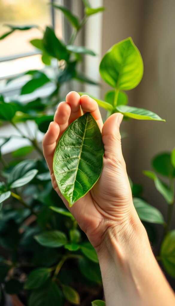 A close-up view of a hand gently plucking a leaf cutting from a thriving indoor plant. The leaf is vibrant green, showcasing the plant's healthy foliage. The background is softly blurred, emphasizing the action in the foreground. Warm, natural lighting casts a gentle glow, highlighting the delicate texture of the leaf. The composition is centered, with the hand and leaf occupying the majority of the frame, conveying the importance of the propagation process. The overall mood is one of care, attention, and the joy of creating new plants from existing ones. A close-up view of a hand gently plucking a leaf cutting from a thriving indoor plant. The leaf is vibrant green, showcasing the plant's healthy foliage. The background is softly blurred, emphasizing the action in the foreground. Warm, natural lighting casts a gentle glow, highlighting the delicate texture of the leaf. The composition is centered, with the hand and leaf occupying the majority of the frame, conveying the importance of the propagation process. The overall mood is one of care, attention, and the joy of creating new plants from existing ones.