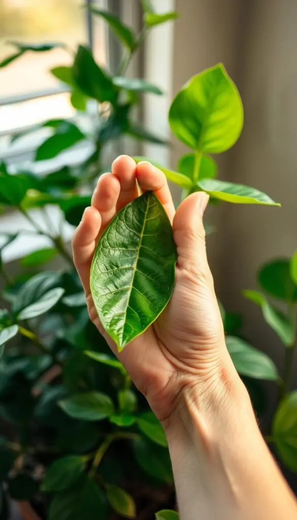 A close-up view of a hand gently plucking a leaf cutting from a thriving indoor plant. The leaf is vibrant green, showcasing the plant's healthy foliage. The background is softly blurred, emphasizing the action in the foreground. Warm, natural lighting casts a gentle glow, highlighting the delicate texture of the leaf. The composition is centered, with the hand and leaf occupying the majority of the frame, conveying the importance of the propagation process. The overall mood is one of care, attention, and the joy of creating new plants from existing ones.