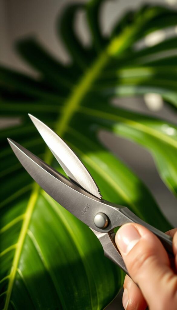 A close-up view of a hand holding a pair of sharp, stainless steel pruning shears, with the blades positioned above a healthy Monstera leaf. The lighting is soft and diffused, creating subtle shadows that highlight the texture and veins of the leaf. The focus is on the shears, with the leaf in the background, conveying a sense of precision and care in the act of making a clean cut. The composition is balanced, with the shears positioned centrally and the leaf providing a complementary shape and color contrast. The overall mood is one of calm, focus, and attention to detail, reflecting the importance of making the cut safely and cleanly when propagating Monstera from cuttings. A close-up view of a hand holding a pair of sharp, stainless steel pruning shears, with the blades positioned above a healthy Monstera leaf. The lighting is soft and diffused, creating subtle shadows that highlight the texture and veins of the leaf. The focus is on the shears, with the leaf in the background, conveying a sense of precision and care in the act of making a clean cut. The composition is balanced, with the shears positioned centrally and the leaf providing a complementary shape and color contrast. The overall mood is one of calm, focus, and attention to detail, reflecting the importance of making the cut safely and cleanly when propagating Monstera from cuttings.