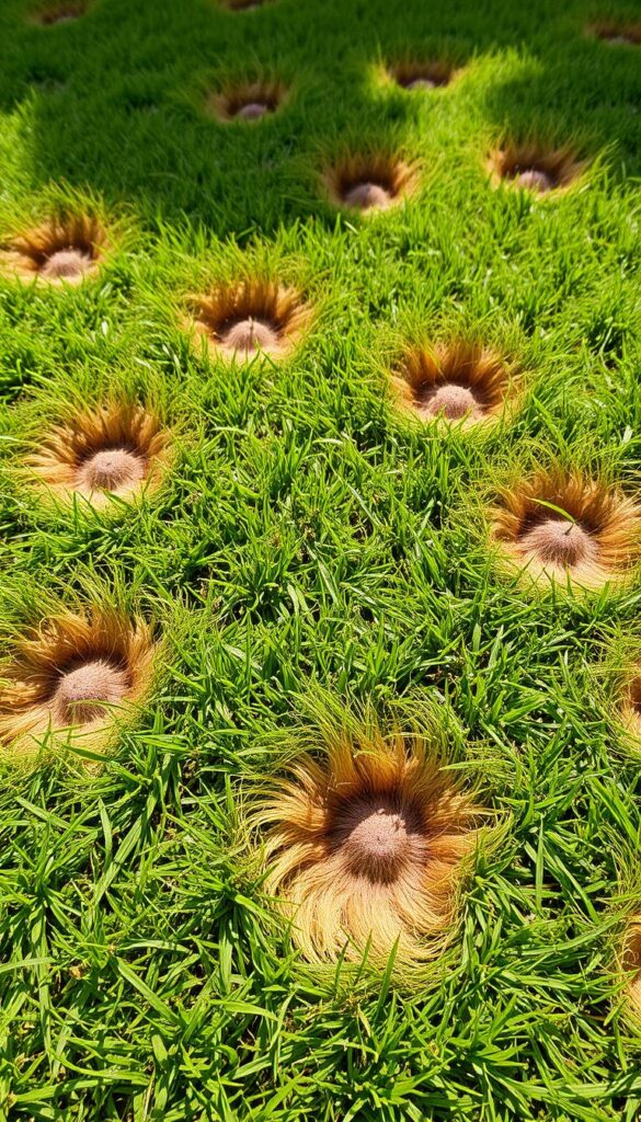 A close-up view of a healthy lawn, showcasing distinct patches of discolored, withered grass. The foreground features a series of circular or irregular spots, their edges blurred and their centers dull brown or yellow, contrasting sharply with the lush, verdant surrounding turf. The middle ground reveals a wider perspective, exposing the patterned distribution of these distressed areas across the lawn. Soft, diffused natural lighting casts gentle shadows, emphasizing the textural differences between the healthy and damaged grass. The overall mood is one of careful observation, inviting the viewer to inspect and diagnose the potential causes of this spotting damage, be it pest infestations, disease, or drought stress. A close-up view of a healthy lawn, showcasing distinct patches of discolored, withered grass. The foreground features a series of circular or irregular spots, their edges blurred and their centers dull brown or yellow, contrasting sharply with the lush, verdant surrounding turf. The middle ground reveals a wider perspective, exposing the patterned distribution of these distressed areas across the lawn. Soft, diffused natural lighting casts gentle shadows, emphasizing the textural differences between the healthy and damaged grass. The overall mood is one of careful observation, inviting the viewer to inspect and diagnose the potential causes of this spotting damage, be it pest infestations, disease, or drought stress.