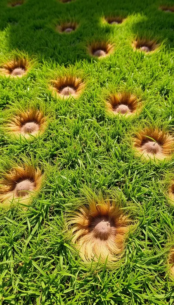 A close-up view of a healthy lawn, showcasing distinct patches of discolored, withered grass. The foreground features a series of circular or irregular spots, their edges blurred and their centers dull brown or yellow, contrasting sharply with the lush, verdant surrounding turf. The middle ground reveals a wider perspective, exposing the patterned distribution of these distressed areas across the lawn. Soft, diffused natural lighting casts gentle shadows, emphasizing the textural differences between the healthy and damaged grass. The overall mood is one of careful observation, inviting the viewer to inspect and diagnose the potential causes of this spotting damage, be it pest infestations, disease, or drought stress.