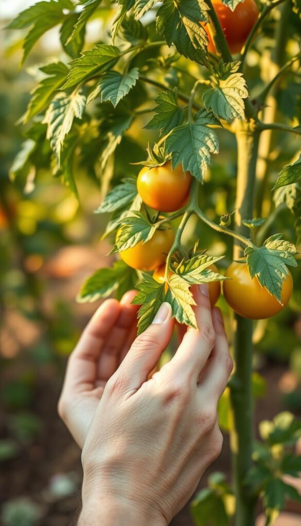 A close-up view of a healthy tomato plant, its lush green leaves inspected under the warm glow of afternoon sunlight. The plant stands tall, its sturdy stem supporting a cluster of vibrant, plump tomatoes ready for harvesting. In the foreground, a pair of gardener's hands carefully examine the leaves, searching for any signs of discoloration or disease. The background is blurred, drawing the viewer's attention to the delicate inspection process. The scene conveys a sense of diligent care and attention, capturing the essence of troubleshooting leaf spots to maintain a thriving tomato plant. A close-up view of a healthy tomato plant, its lush green leaves inspected under the warm glow of afternoon sunlight. The plant stands tall, its sturdy stem supporting a cluster of vibrant, plump tomatoes ready for harvesting. In the foreground, a pair of gardener's hands carefully examine the leaves, searching for any signs of discoloration or disease. The background is blurred, drawing the viewer's attention to the delicate inspection process. The scene conveys a sense of diligent care and attention, capturing the essence of troubleshooting leaf spots to maintain a thriving tomato plant.