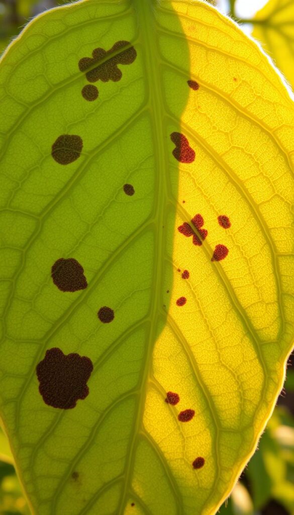 A close-up view of a healthy tomato plant leaf, partially affected by the mosaic virus. The leaf shows distinct mottled patterns of light and dark green hues, with irregular splotches and distorted growth. The texture is slightly bumpy, with a delicate, almost translucent quality. Backlighting from the sun casts a warm, golden glow, highlighting the intricate venation and the transition between the healthy and infected areas. The overall composition emphasizes the leaf's natural beauty, while conveying the subtle, yet disruptive, nature of the viral infection. The image should evoke a sense of scientific curiosity and the importance of early disease detection for effective tomato plant management. A close-up view of a healthy tomato plant leaf, partially affected by the mosaic virus. The leaf shows distinct mottled patterns of light and dark green hues, with irregular splotches and distorted growth. The texture is slightly bumpy, with a delicate, almost translucent quality. Backlighting from the sun casts a warm, golden glow, highlighting the intricate venation and the transition between the healthy and infected areas. The overall composition emphasizes the leaf's natural beauty, while conveying the subtle, yet disruptive, nature of the viral infection. The image should evoke a sense of scientific curiosity and the importance of early disease detection for effective tomato plant management.