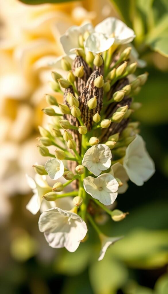 A close-up view of a hydrangea stem, showcasing the contrast between old woody growth and new vibrant shoots. The image is captured with a shallow depth of field, gently blurring the background to focus attention on the intricate textures and colors of the plant. Warm, natural lighting bathes the scene, casting soft shadows that accentuate the dimensional qualities of the pruned stems. The composition balances the asymmetry of the growth patterns, guiding the viewer's eye through the delicate balance of old and new. This image aims to visually convey the care and expertise required to properly prune hydrangeas, highlighting the distinction between maintaining the plant's established structure while encouraging its ongoing vitality. A close-up view of a hydrangea stem, showcasing the contrast between old woody growth and new vibrant shoots. The image is captured with a shallow depth of field, gently blurring the background to focus attention on the intricate textures and colors of the plant. Warm, natural lighting bathes the scene, casting soft shadows that accentuate the dimensional qualities of the pruned stems. The composition balances the asymmetry of the growth patterns, guiding the viewer's eye through the delicate balance of old and new. This image aims to visually convey the care and expertise required to properly prune hydrangeas, highlighting the distinction between maintaining the plant's established structure while encouraging its ongoing vitality.