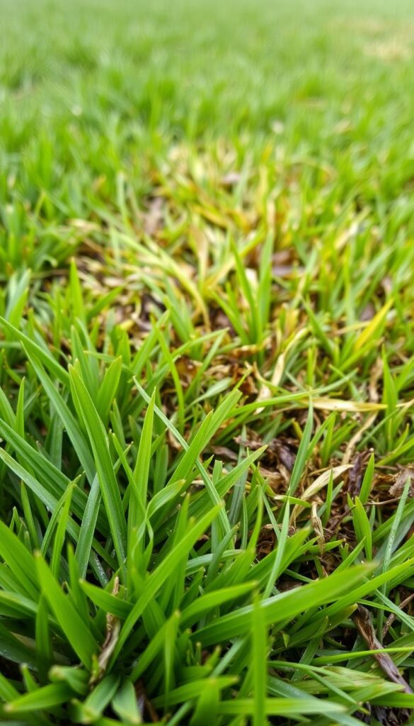 A close-up view of a lush, green lawn with distinct patches of discolored, burnt grass. The foreground features a small cluster of blades, some vibrant green and others a dull, yellowed hue. Zooming in, the textures of the grass blades are crisp and detailed, capturing the subtle variations in color and moisture content. The middle ground reveals the transition between the healthy and damaged areas, with a gradual fade from verdant to scorched. The background maintains an overall greenish tone, hinting at the larger context of the lawn. The lighting is natural, with soft, even illumination accentuating the intricate structures of the grass. The depth of field is moderate, keeping the focus on the foreground while providing enough context in the background.