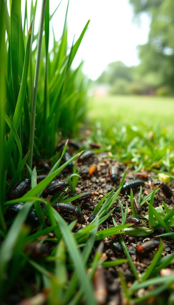 A close-up view of a lush, verdant lawn, with the camera focused on the ground. In the foreground, several grubs and beetles are crawling amidst the blades of grass, their intricate textures and patterns clearly visible. The middle ground features a variety of soil-dwelling insects, including earwigs, centipedes, and pill bugs, all engaged in their natural activities. The background fades into a soft, blurred landscape, emphasizing the intimate, almost microscopic perspective. The lighting is soft and diffused, creating a natural, almost documentary-like atmosphere that highlights the diverse ecosystem of the lawn. Detailed, high-resolution, realistic, cinematic. A close-up view of a lush, verdant lawn, with the camera focused on the ground. In the foreground, several grubs and beetles are crawling amidst the blades of grass, their intricate textures and patterns clearly visible. The middle ground features a variety of soil-dwelling insects, including earwigs, centipedes, and pill bugs, all engaged in their natural activities. The background fades into a soft, blurred landscape, emphasizing the intimate, almost microscopic perspective. The lighting is soft and diffused, creating a natural, almost documentary-like atmosphere that highlights the diverse ecosystem of the lawn. Detailed, high-resolution, realistic, cinematic.