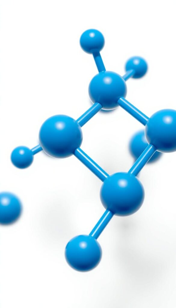 A close-up view of a molecular model of nitrogen gas, rendered in high detail and scientific accuracy. The nitrogen atoms are depicted as spherical blue elements, connected by strong triple bonds that are clearly visible. The model is shown against a plain, neutral background that allows the structure to stand out. Bright, directional lighting from the left side casts subtle shadows, creating depth and dimensionality. The overall impression is one of clarity, precision, and a focus on the fundamental chemical nature of nitrogen, a key component of many lawn fertilizers.