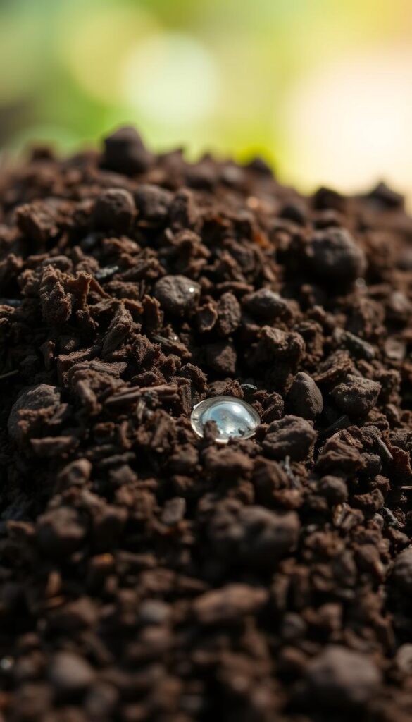 A close-up view of a pile of rich, dark brown potting mix, its earthy texture and small soil particles visible. The mix is lightly moistened, with a few drops of water glistening on the surface, creating an inviting, moist appearance that suggests ideal conditions for seed germination. The lighting is natural and soft, casting gentle shadows that accentuate the mix's depth and complexity. The background is blurred, keeping the focus on the potting mix as the central subject. The overall composition conveys a sense of vitality and the potential for growth, perfectly suited to illustrate the article's section on the importance of potting mix and moisture for successful seed starting. A close-up view of a pile of rich, dark brown potting mix, its earthy texture and small soil particles visible. The mix is lightly moistened, with a few drops of water glistening on the surface, creating an inviting, moist appearance that suggests ideal conditions for seed germination. The lighting is natural and soft, casting gentle shadows that accentuate the mix's depth and complexity. The background is blurred, keeping the focus on the potting mix as the central subject. The overall composition conveys a sense of vitality and the potential for growth, perfectly suited to illustrate the article's section on the importance of potting mix and moisture for successful seed starting.