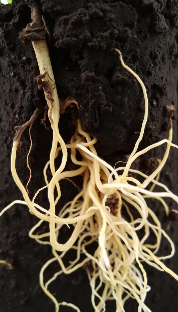 A close-up view of a plant's root system, freshly exposed after being transplanted from its original soil. The delicate, fibrous roots are visible, their pale tendrils reaching out against a dark, moist backdrop. The lighting is soft and even, casting gentle shadows that highlight the intricate structure of the roots. The composition places the transplanted roots in the foreground, drawing the viewer's attention to the critical moment when the plant must adapt to its new environment, potentially causing transplant shock if not handled properly. The overall mood is one of fragility and the need for careful attention during this pivotal stage of the plant's life cycle. A close-up view of a plant's root system, freshly exposed after being transplanted from its original soil. The delicate, fibrous roots are visible, their pale tendrils reaching out against a dark, moist backdrop. The lighting is soft and even, casting gentle shadows that highlight the intricate structure of the roots. The composition places the transplanted roots in the foreground, drawing the viewer's attention to the critical moment when the plant must adapt to its new environment, potentially causing transplant shock if not handled properly. The overall mood is one of fragility and the need for careful attention during this pivotal stage of the plant's life cycle.