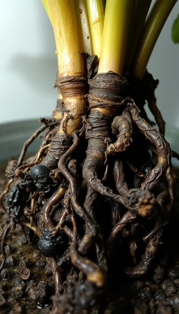 A close-up view of a plant's root system, partially obscured by dark, decaying roots. The roots are discolored, mushy, and surrounded by a damp, earthy environment. The background is blurred, drawing the viewer's focus to the unhealthy root structure. Soft, muted lighting illuminates the scene, casting subtle shadows and highlighting the deterioration. The overall mood is one of concern and the need for intervention, conveying the signs of overwatering and impending root rot.