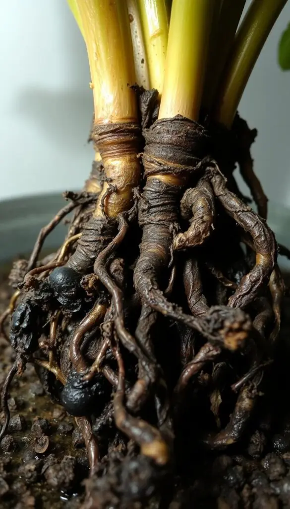 A close-up view of a plant's root system, partially obscured by dark, decaying roots. The roots are discolored, mushy, and surrounded by a damp, earthy environment. The background is blurred, drawing the viewer's focus to the unhealthy root structure. Soft, muted lighting illuminates the scene, casting subtle shadows and highlighting the deterioration. The overall mood is one of concern and the need for intervention, conveying the signs of overwatering and impending root rot. A close-up view of a plant's root system, partially obscured by dark, decaying roots. The roots are discolored, mushy, and surrounded by a damp, earthy environment. The background is blurred, drawing the viewer's focus to the unhealthy root structure. Soft, muted lighting illuminates the scene, casting subtle shadows and highlighting the deterioration. The overall mood is one of concern and the need for intervention, conveying the signs of overwatering and impending root rot.