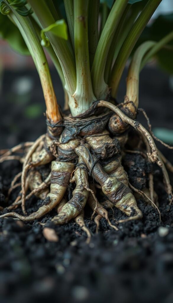 A close-up view of a plant's root system, revealing the telltale signs of root rot. The roots are discolored, mushy, and surrounded by damp, compacted soil. A shallow depth of field draws the viewer's attention to the damaged roots, while a soft, muted lighting creates a somber, almost clinical atmosphere. The scene is captured at a low angle, conveying a sense of the plant's distress and the urgency of addressing the issue. The image should clearly illustrate the key diagnostic features of root rot, providing a visual reference for the accompanying article on preventing this common garden problem. A close-up view of a plant's root system, revealing the telltale signs of root rot. The roots are discolored, mushy, and surrounded by damp, compacted soil. A shallow depth of field draws the viewer's attention to the damaged roots, while a soft, muted lighting creates a somber, almost clinical atmosphere. The scene is captured at a low angle, conveying a sense of the plant's distress and the urgency of addressing the issue. The image should clearly illustrate the key diagnostic features of root rot, providing a visual reference for the accompanying article on preventing this common garden problem.