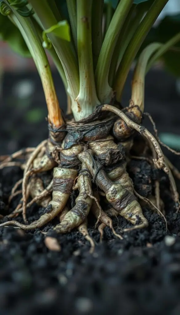 A close-up view of a plant's root system, revealing the telltale signs of root rot. The roots are discolored, mushy, and surrounded by damp, compacted soil. A shallow depth of field draws the viewer's attention to the damaged roots, while a soft, muted lighting creates a somber, almost clinical atmosphere. The scene is captured at a low angle, conveying a sense of the plant's distress and the urgency of addressing the issue. The image should clearly illustrate the key diagnostic features of root rot, providing a visual reference for the accompanying article on preventing this common garden problem.