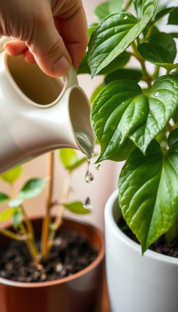 A close-up view of a potted houseplant being carefully watered, with droplets of water glistening on the lush green leaves. The hand holding the watering can is in the foreground, tilting the can to slowly pour water onto the soil, ensuring even distribution. The scene is bathed in soft, warm lighting, creating a serene, nurturing atmosphere. The background is blurred, keeping the focus on the act of watering and the vibrant plant. The image conveys the simplicity and mindfulness of properly hydrating indoor plants to ensure their long-term health and vitality.