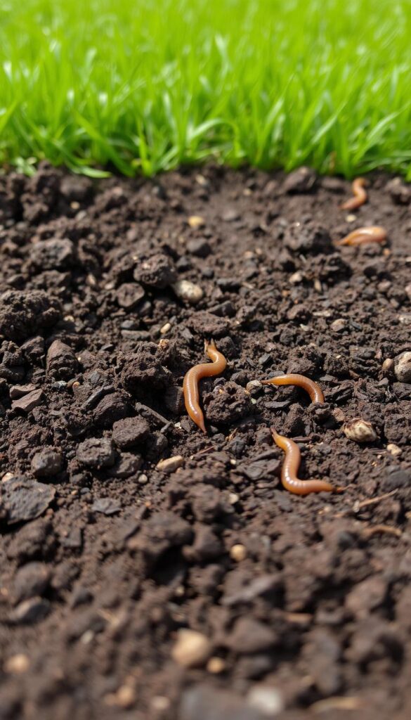 A close-up view of a rich, dark brown soil texture. The soil is moist and crumbly, with visible organic matter and earthworms burrowing through it. The foreground showcases the intricate structure of the soil, with small pebbles, roots, and decomposing plant matter. The middle ground features a lush green lawn, suggesting a healthy, well-nourished turf. The background is softly blurred, creating a sense of depth and focus on the soil. The lighting is natural, with soft, diffused shadows that accentuate the soil's contours. The overall mood is earthy, inviting, and conducive to a thriving lawn.