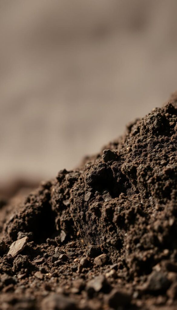 A close-up view of a rich, dark soil sample, revealing the complex texture and layered structure. The soil is presented against a neutral, blurred background, allowing the subject to take center stage. Soft, natural lighting casts subtle shadows, highlighting the granular composition and subtle variations in color and tone. The image conveys a sense of scientific inquiry and the importance of understanding soil pH as a foundational element of healthy plant growth.