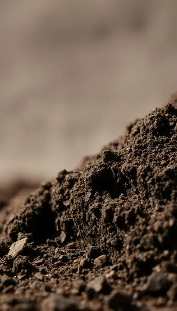 A close-up view of a rich, dark soil sample, revealing the complex texture and layered structure. The soil is presented against a neutral, blurred background, allowing the subject to take center stage. Soft, natural lighting casts subtle shadows, highlighting the granular composition and subtle variations in color and tone. The image conveys a sense of scientific inquiry and the importance of understanding soil pH as a foundational element of healthy plant growth.